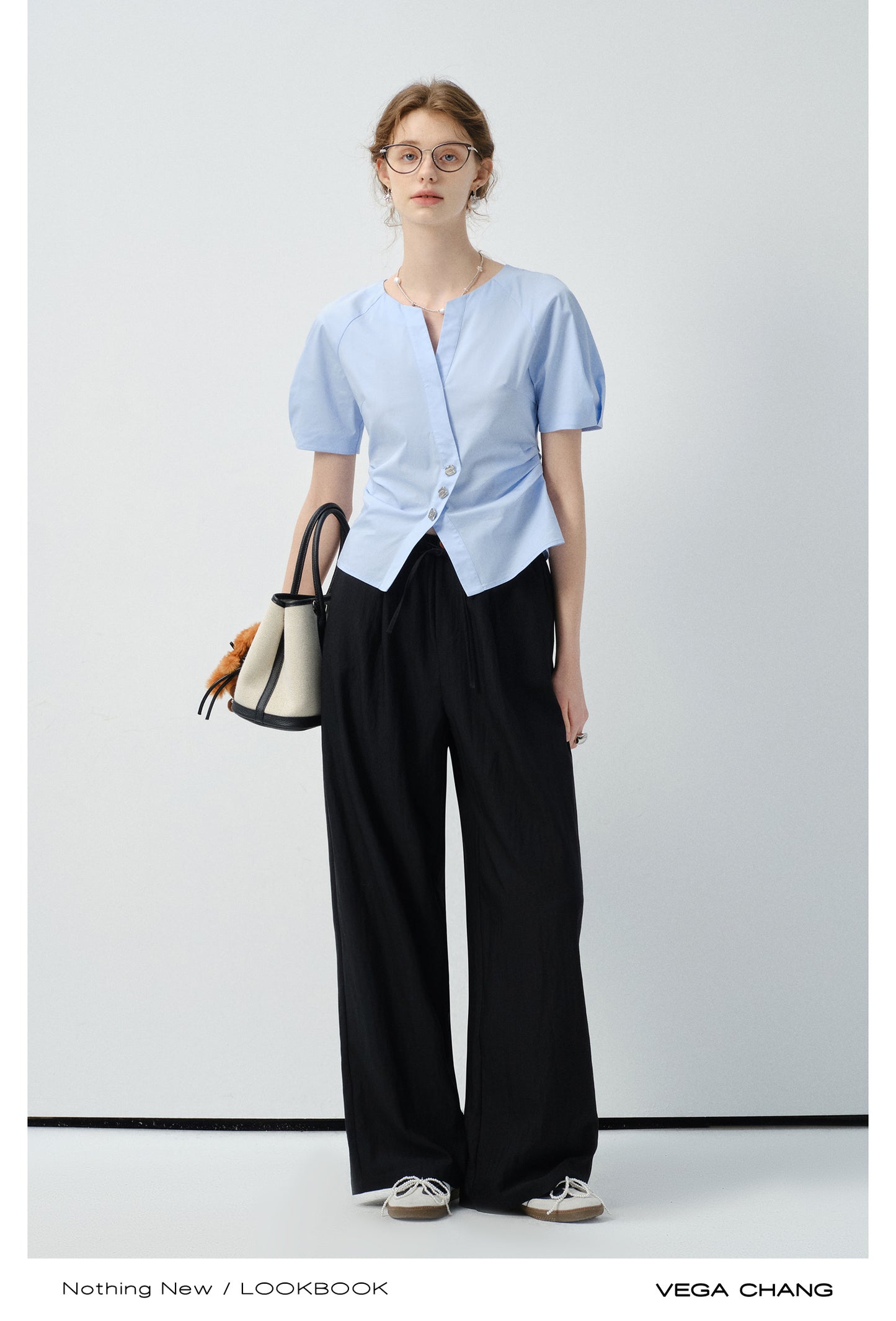 Metal Button Waist-Fitted Crossover Blouse