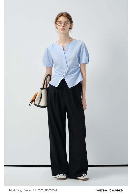 Metal Button Waist-Fitted Crossover Blouse