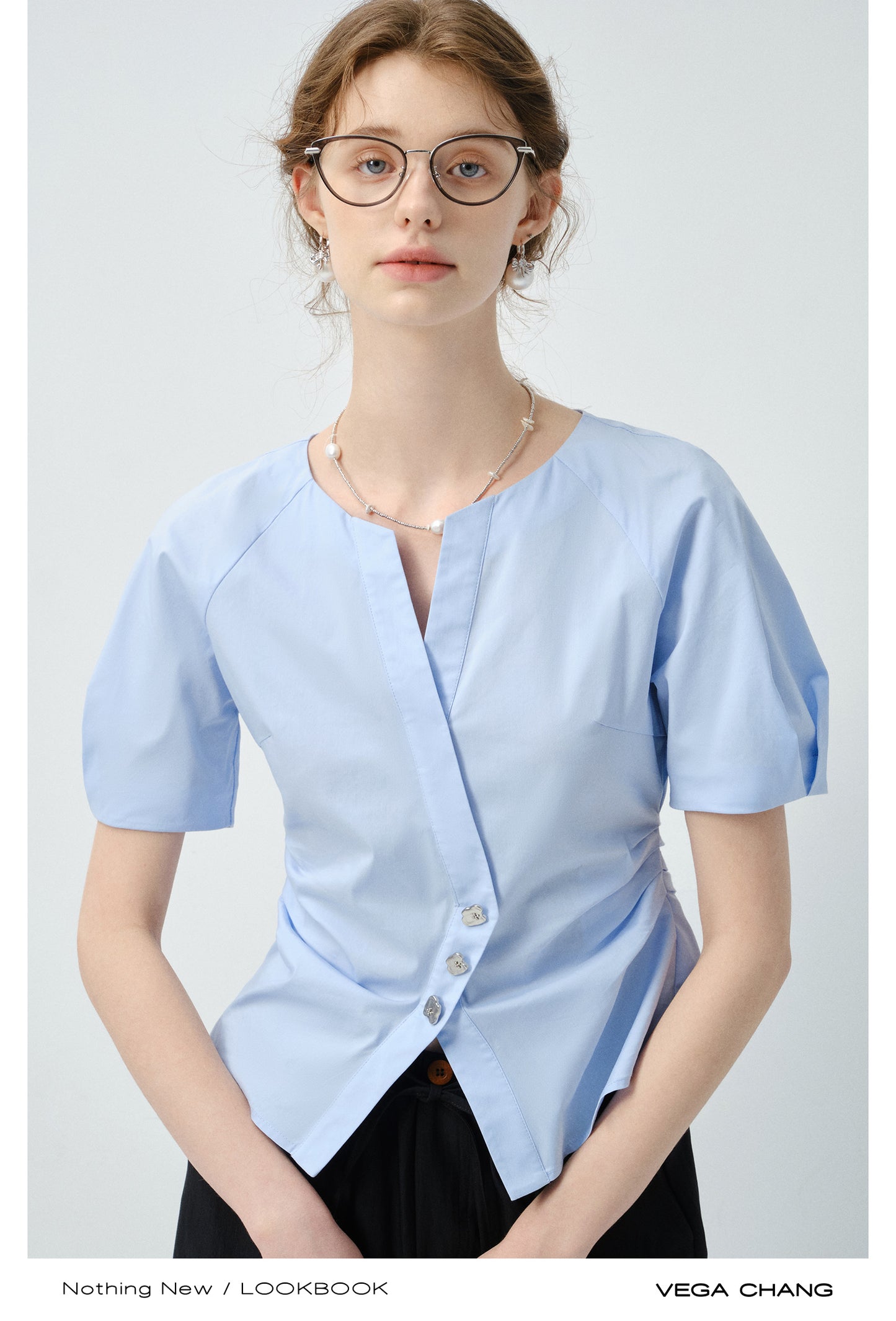 Metal Button Waist-Fitted Crossover Blouse