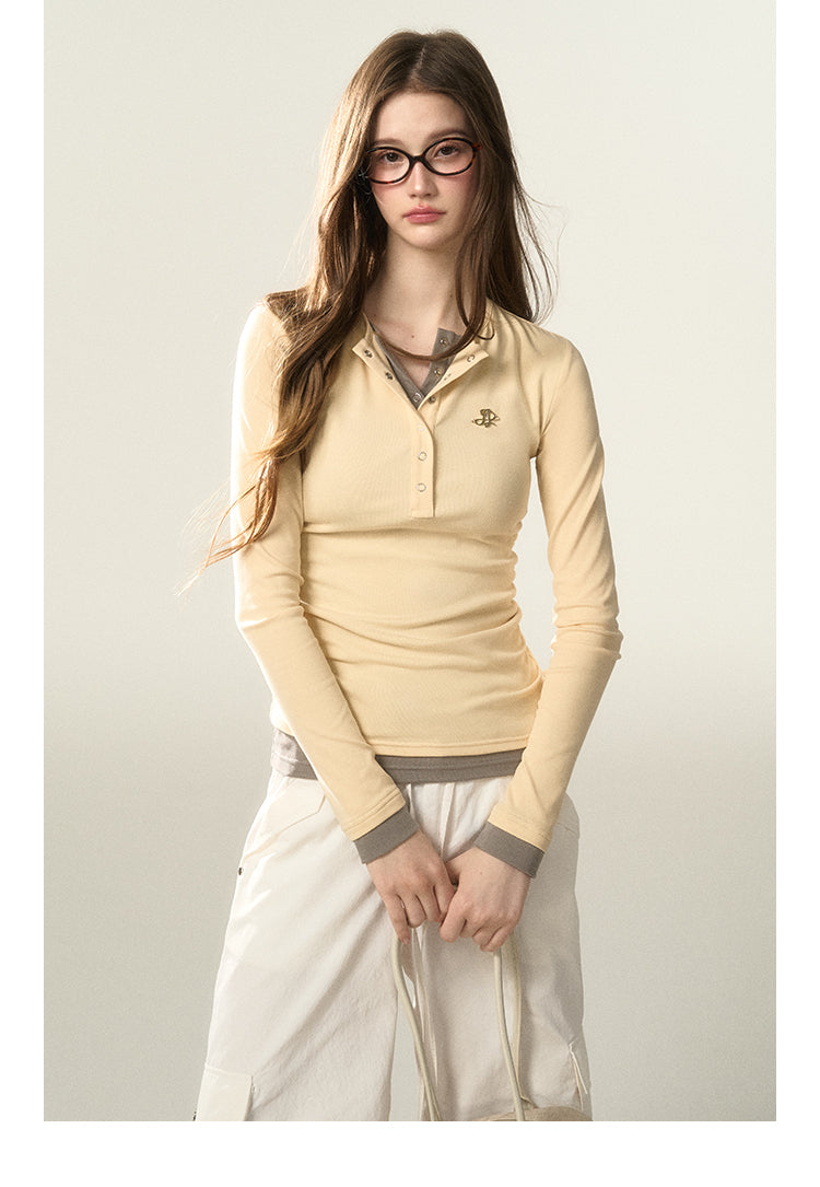 Faux Layered Henley Neck Fitted T-Shirt