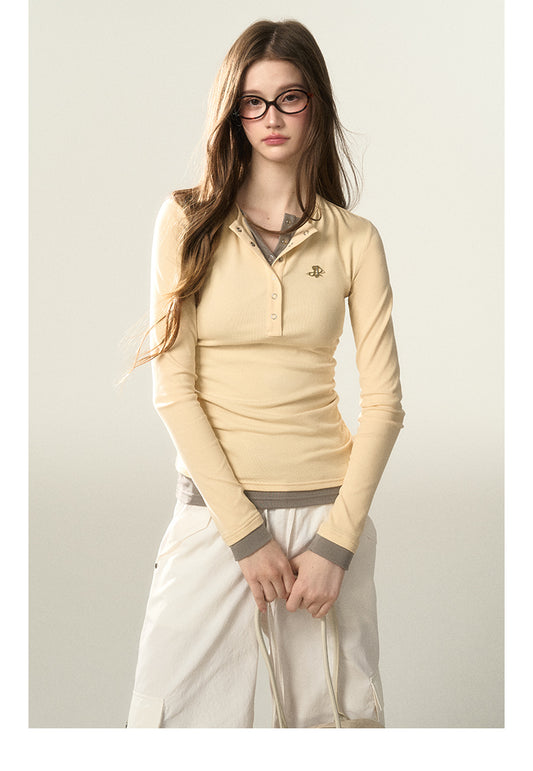 Faux Layered Henley Neck Fitted T-Shirt
