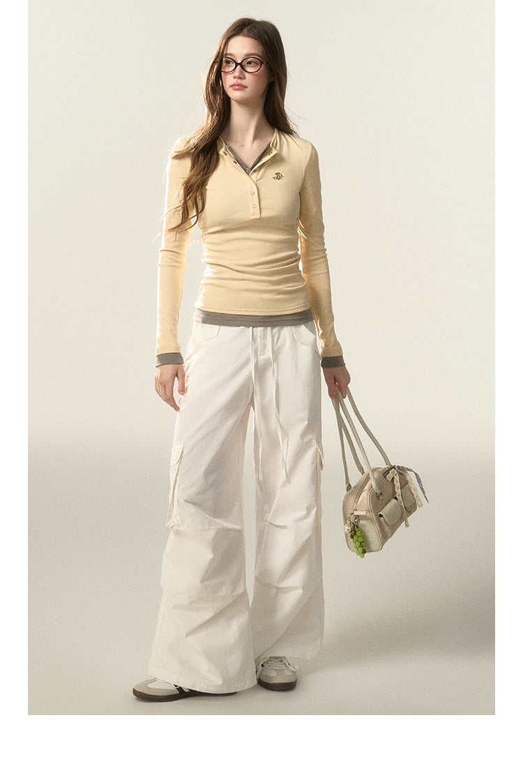 Faux Layered Henley Neck Fitted T-Shirt