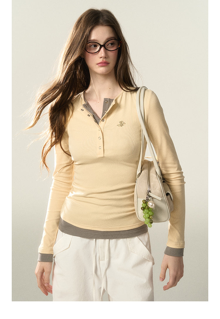 Faux Layered Henley Neck Fitted T-Shirt