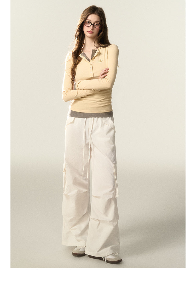 Faux Layered Henley Neck Fitted T-Shirt