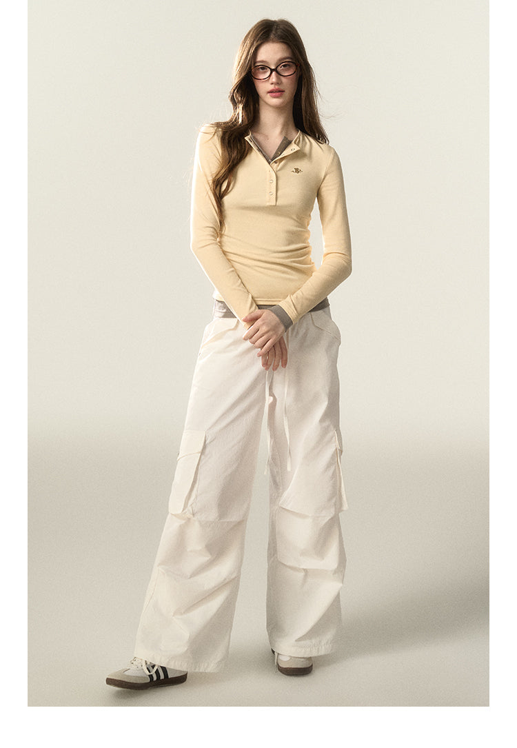 Faux Layered Henley Neck Fitted T-Shirt