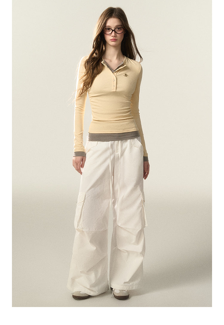 Faux Layered Henley Neck Fitted T-Shirt