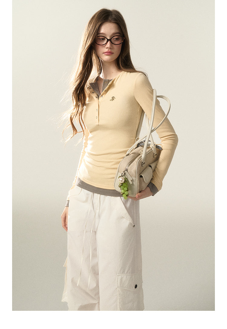 Faux Layered Henley Neck Fitted T-Shirt