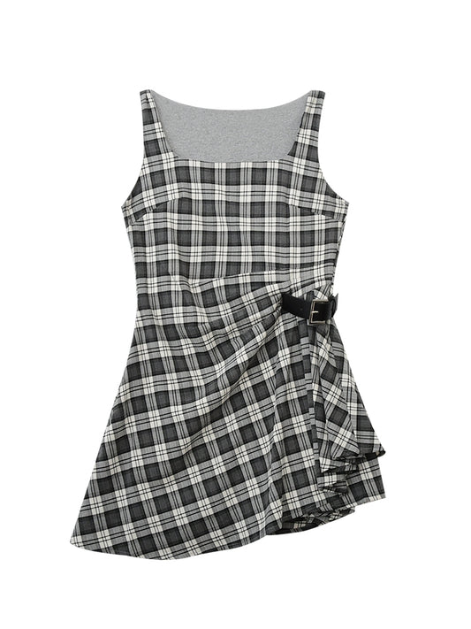Sleeveless Plaid Dress With Side Belt
