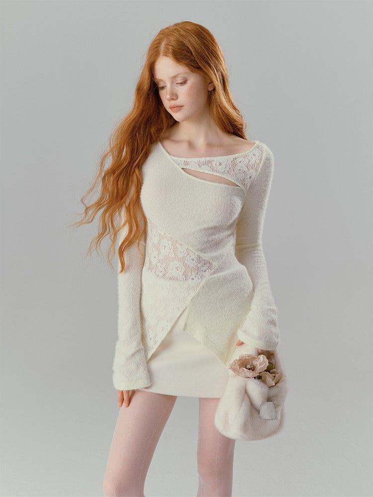 Asymmetric Cut-Out Knit Top With Floral Lace