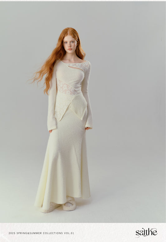 Asymmetric Cut-Out Knit Top With Floral Lace