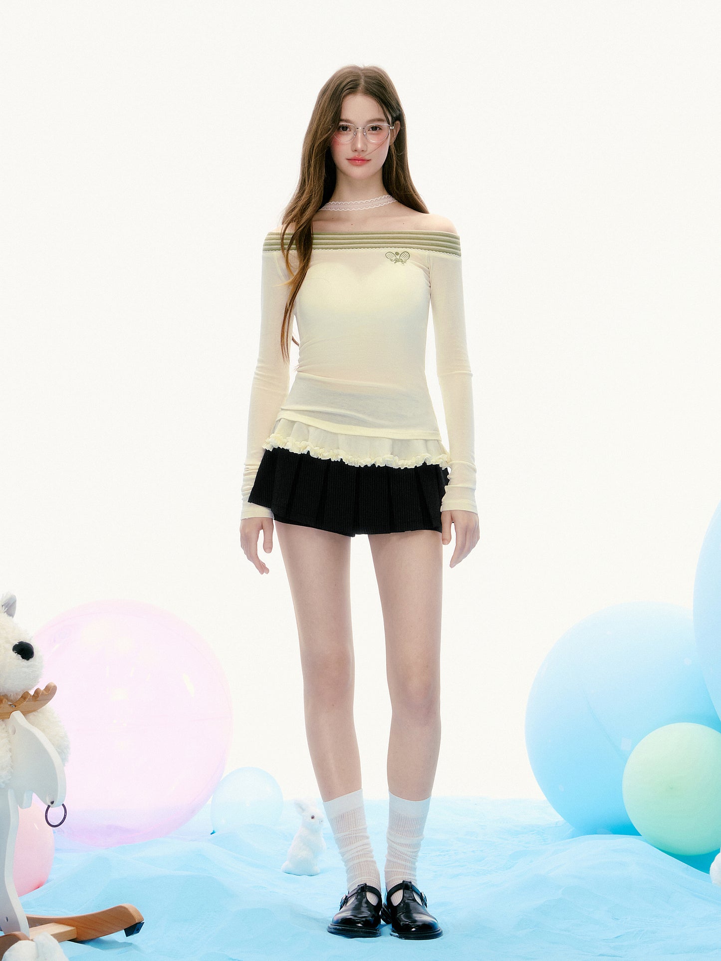 Off-Shoulder Sporty Sheer Top With Ruffled Hem