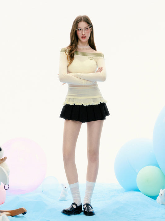 Off-Shoulder Sporty Sheer Top With Ruffled Hem