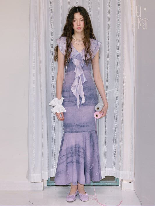 Ruffled Double Collar Distressed Fishtail Dress