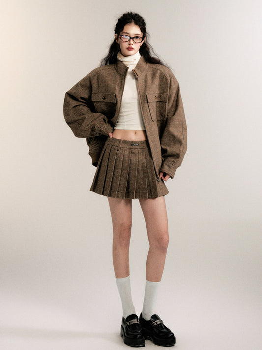 Retro College-Style Jacket And Pleated Mini