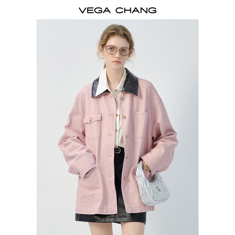 Denim Jacket With Faux Leather Collar