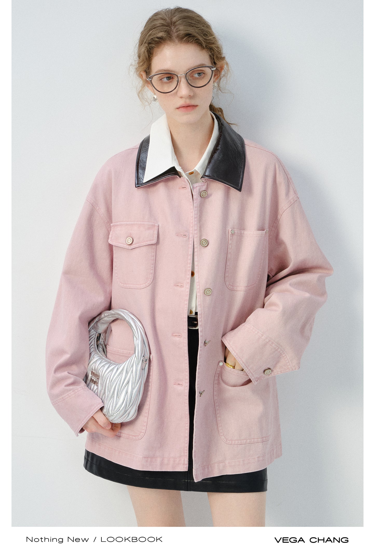 Denim Jacket With Faux Leather Collar