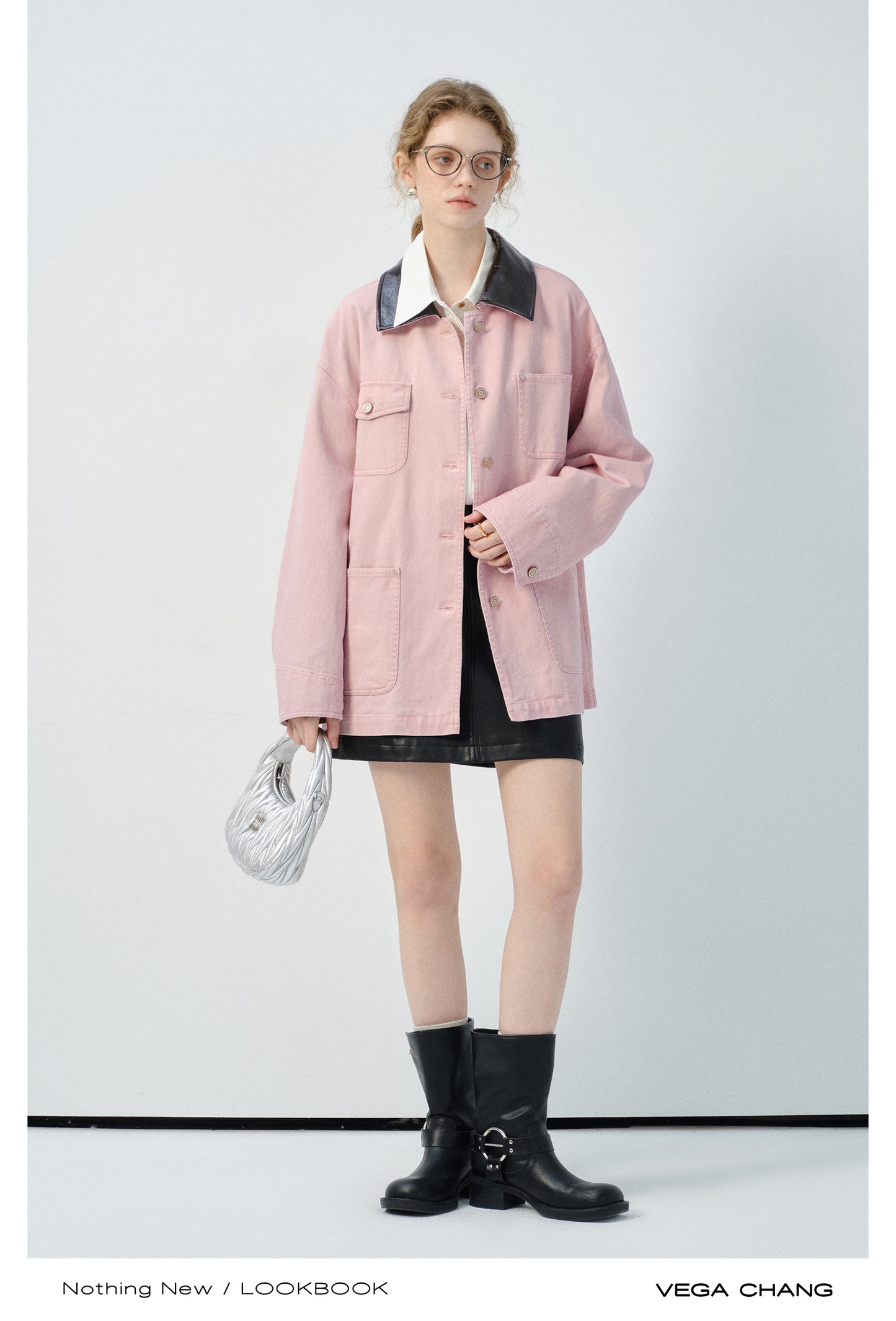 Denim Jacket With Faux Leather Collar