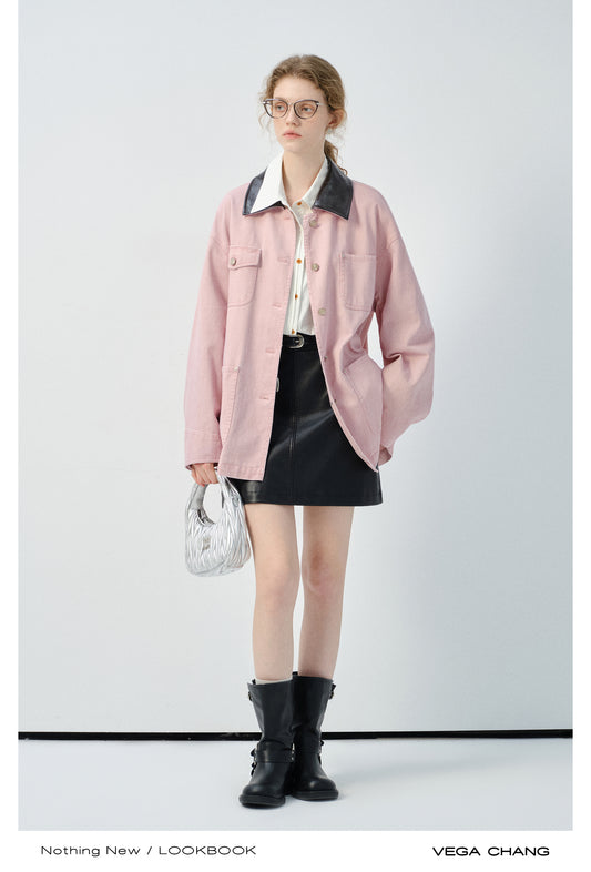 Denim Jacket With Faux Leather Collar