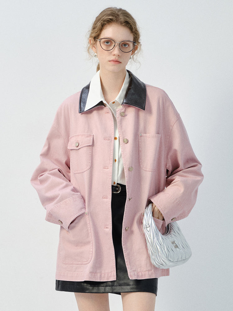 Denim Jacket With Faux Leather Collar