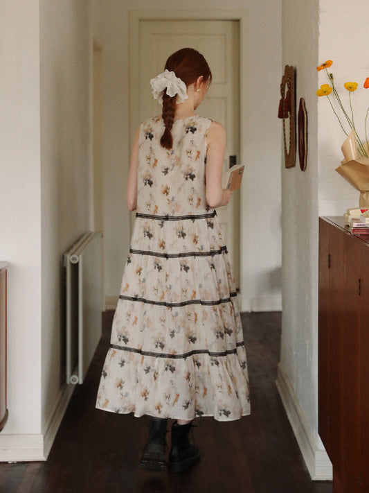 Sleeveless Floral Tiered Dress With Lace Detail