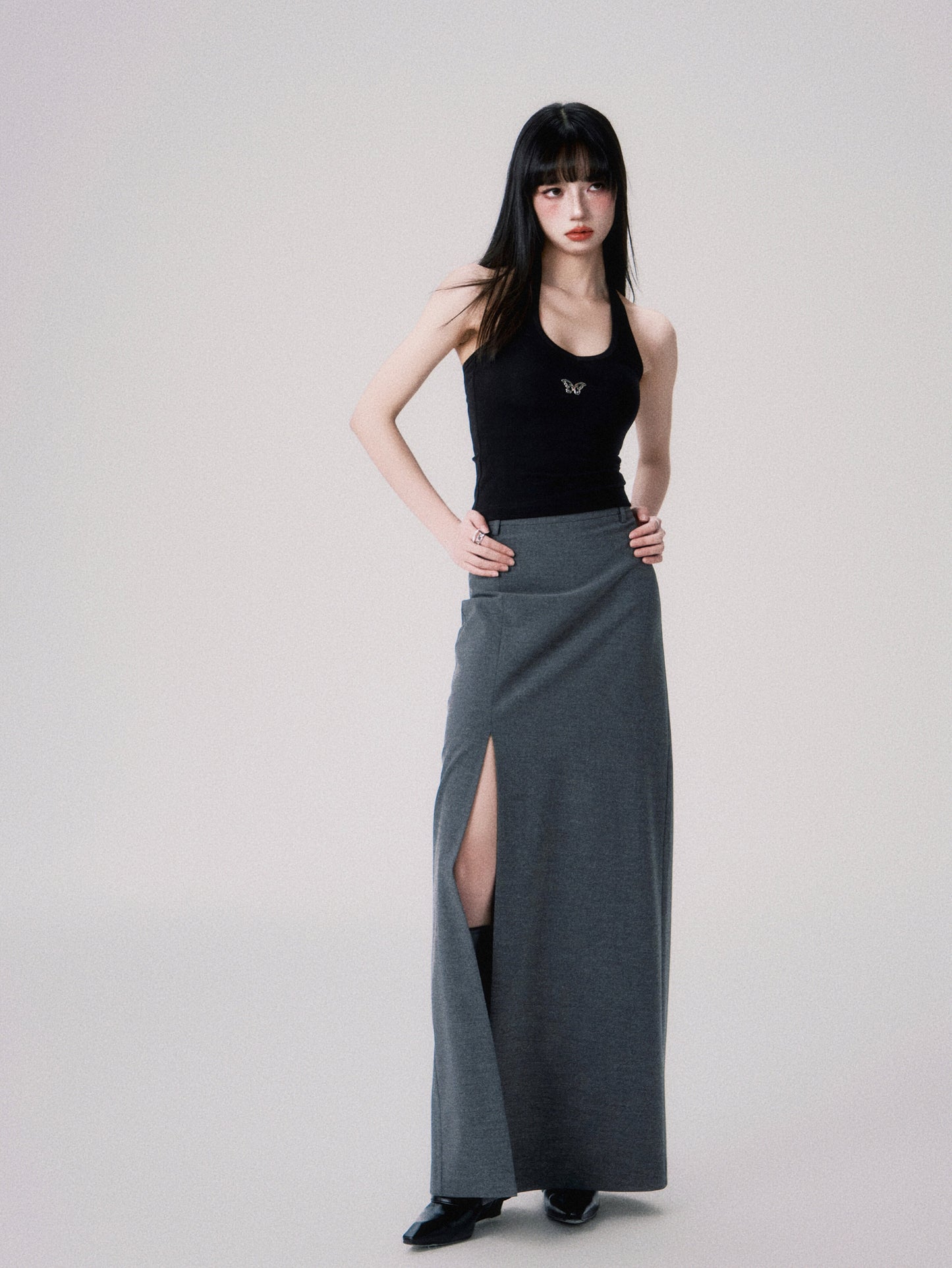 Double Slit Tailored Straight Maxi Skirt