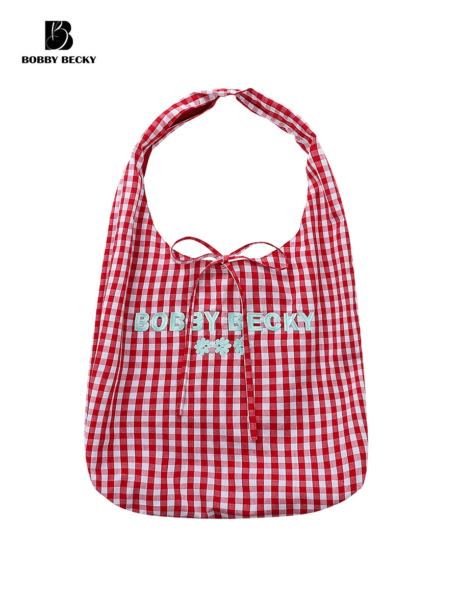 Gingham And Floral Tote With Logo Embroidery