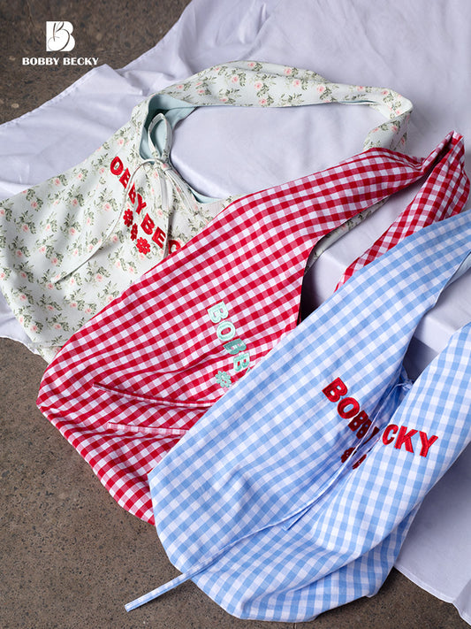 Gingham And Floral Tote With Logo Embroidery