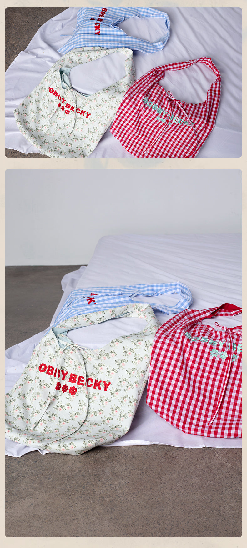 Gingham And Floral Tote With Logo Embroidery