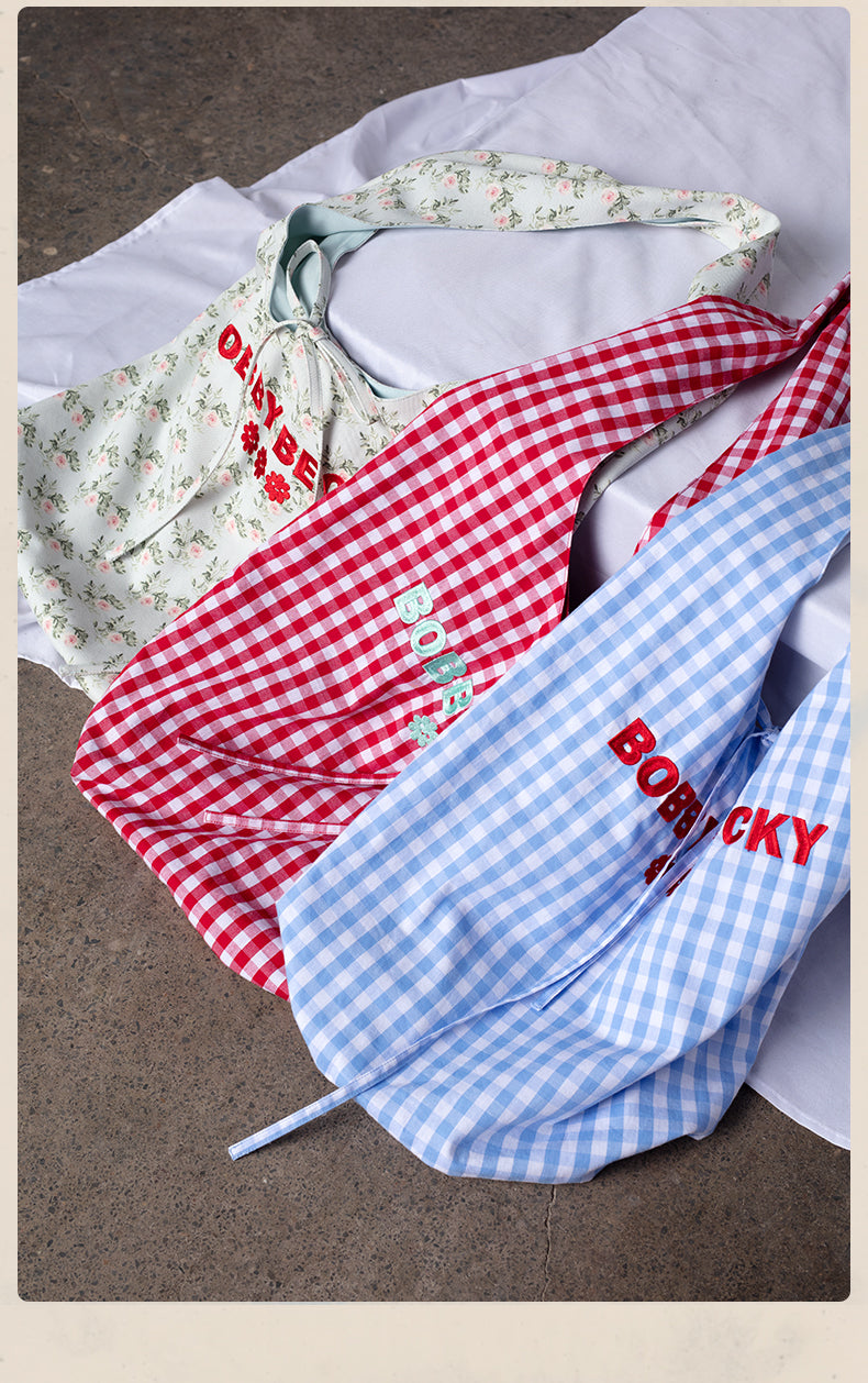 Gingham And Floral Tote With Logo Embroidery