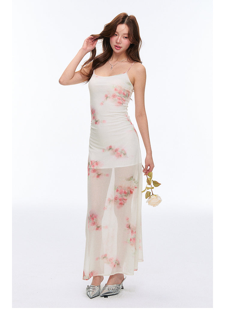 High Stretch Sheer Mesh Rose Print Cami Dress