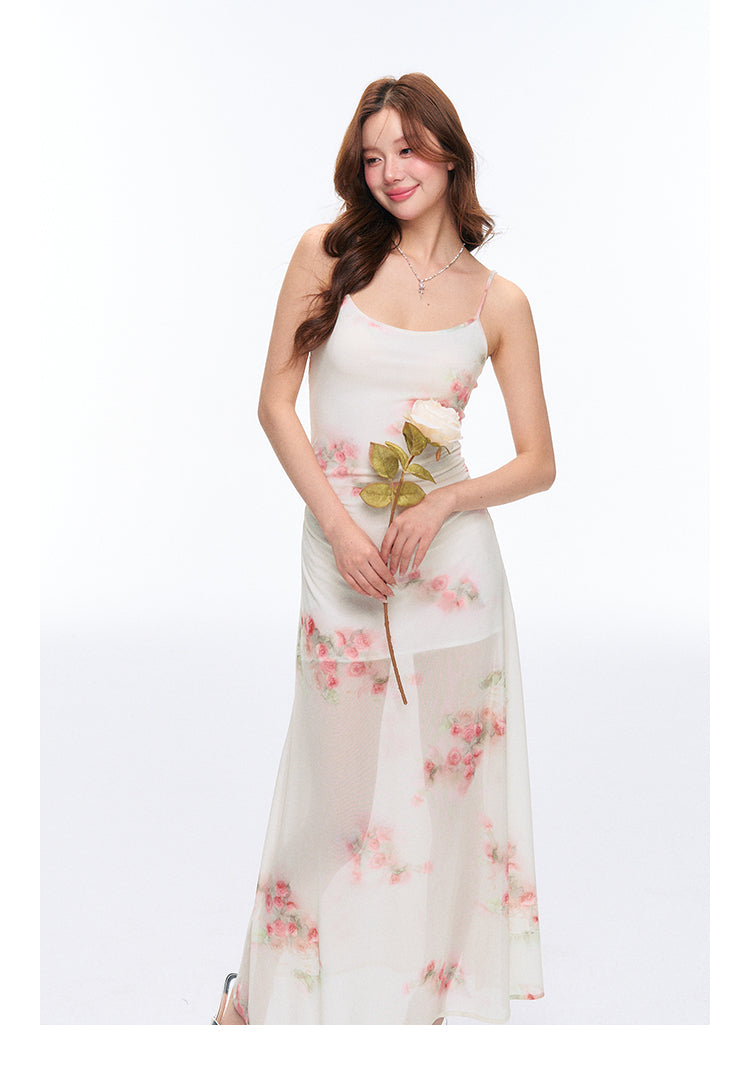 High Stretch Sheer Mesh Rose Print Cami Dress