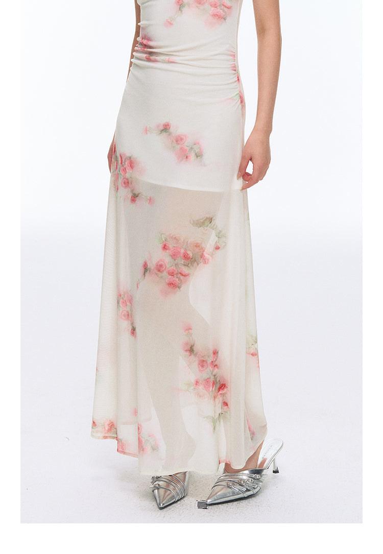 High Stretch Sheer Mesh Rose Print Cami Dress