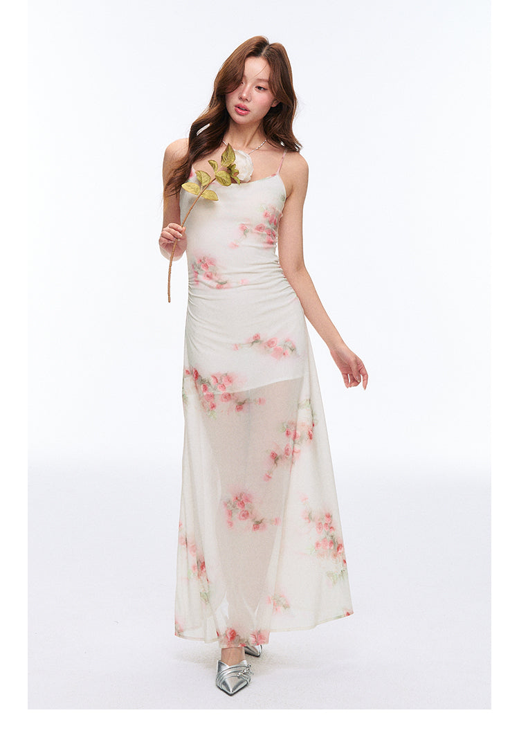 High Stretch Sheer Mesh Rose Print Cami Dress