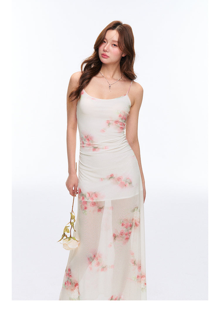 High Stretch Sheer Mesh Rose Print Cami Dress