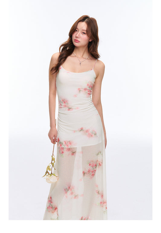 High Stretch Sheer Mesh Rose Print Cami Dress
