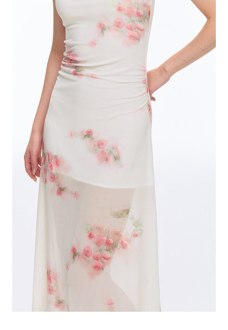 High Stretch Sheer Mesh Rose Print Cami Dress
