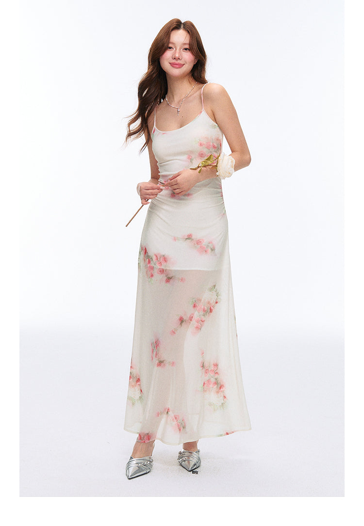High Stretch Sheer Mesh Rose Print Cami Dress