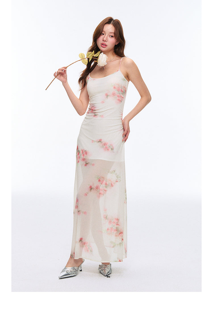 High Stretch Sheer Mesh Rose Print Cami Dress