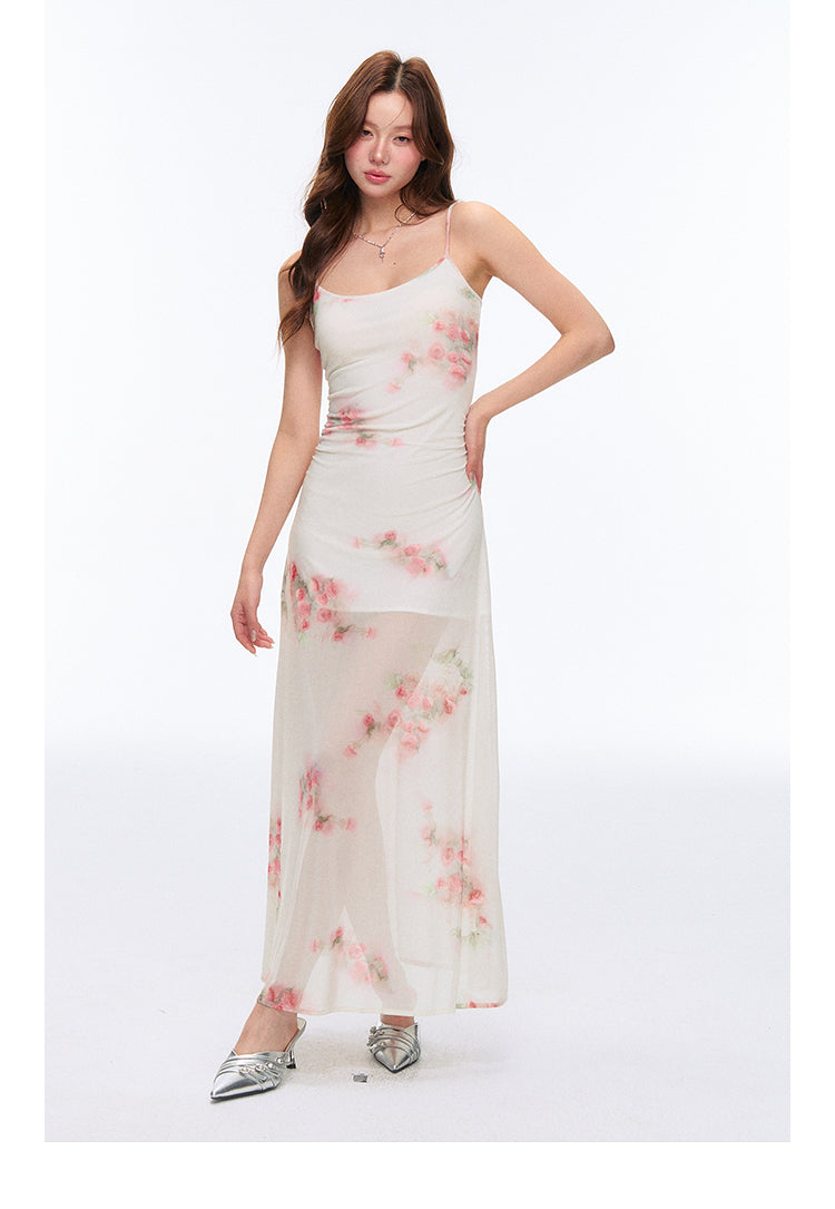 High Stretch Sheer Mesh Rose Print Cami Dress
