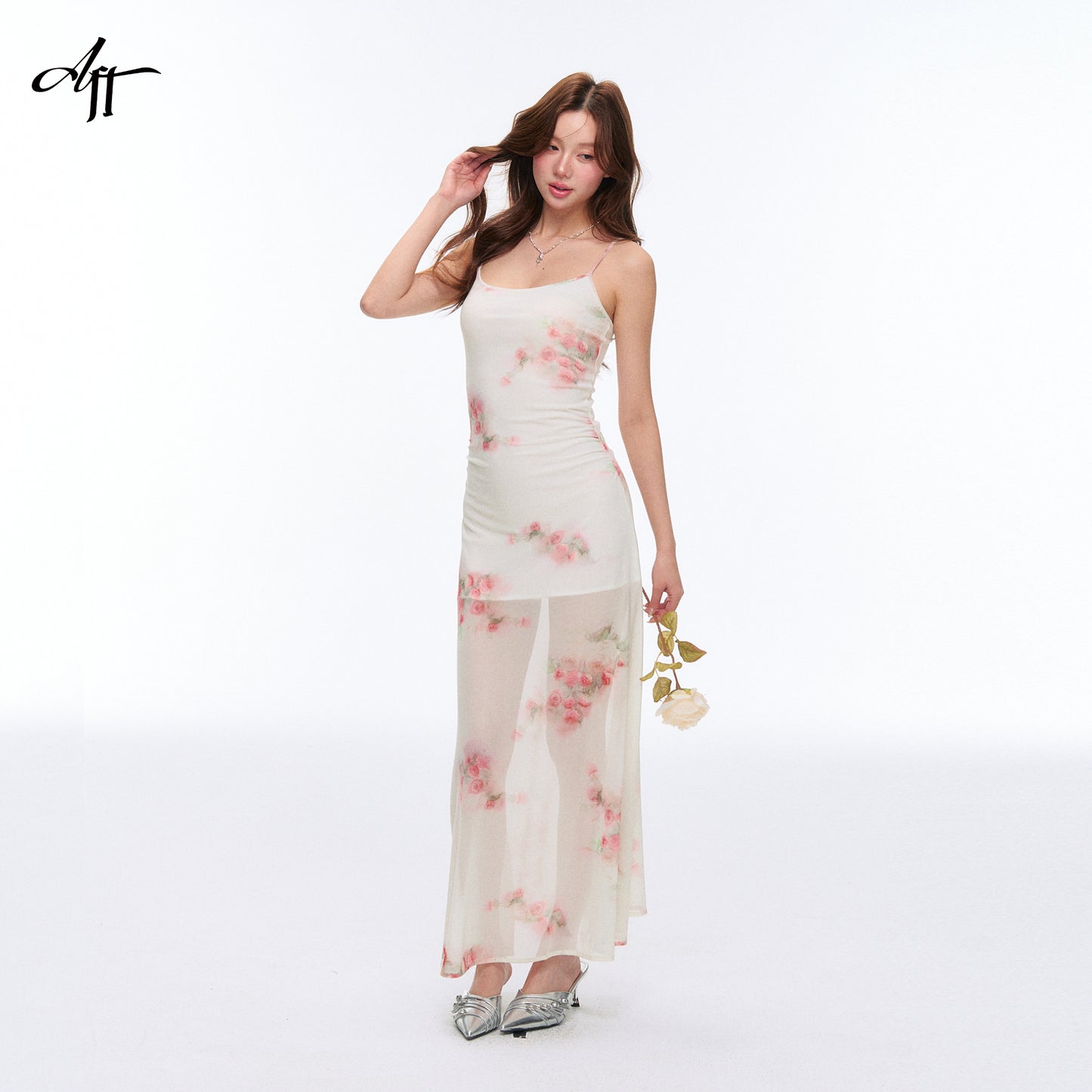 High Stretch Sheer Mesh Rose Print Cami Dress