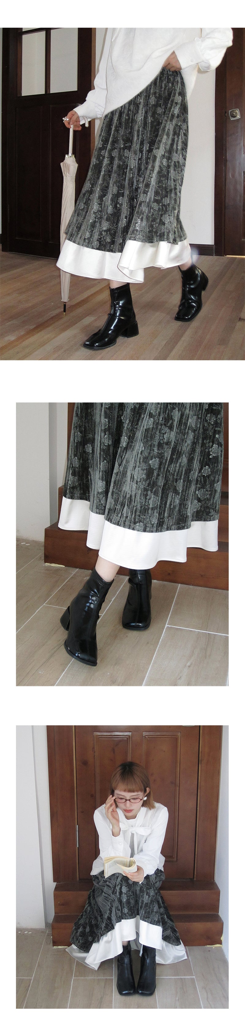 Velvet Floral Embossed Skirt With Elastic Waist