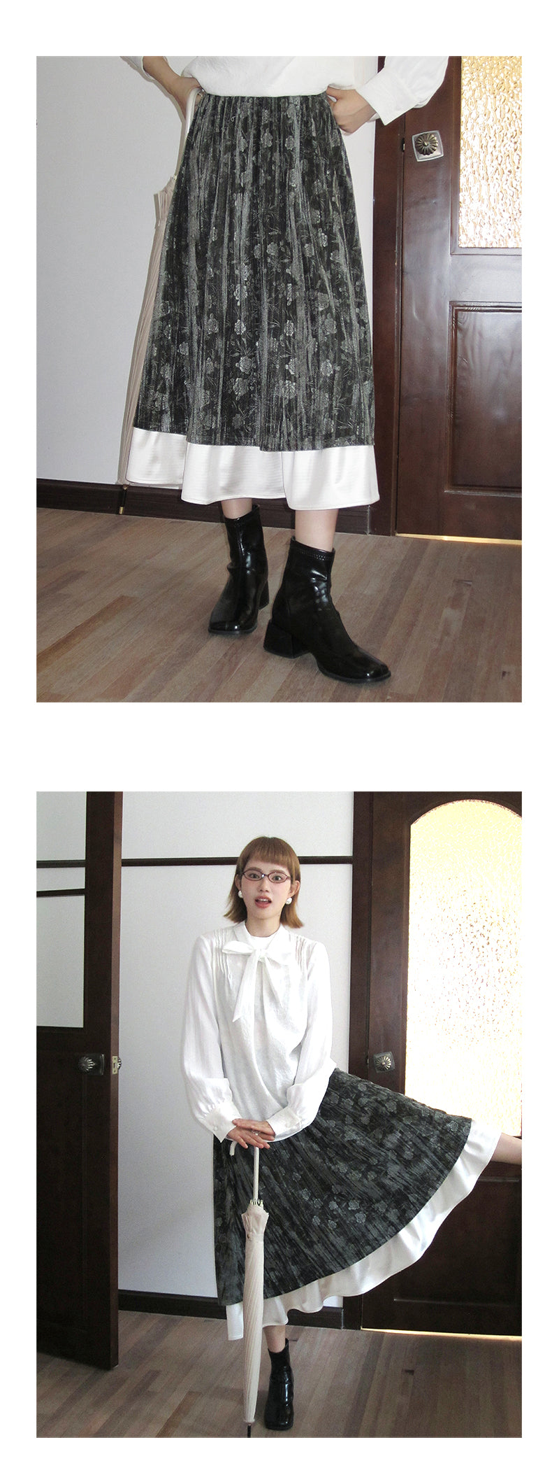 Velvet Floral Embossed Skirt With Elastic Waist