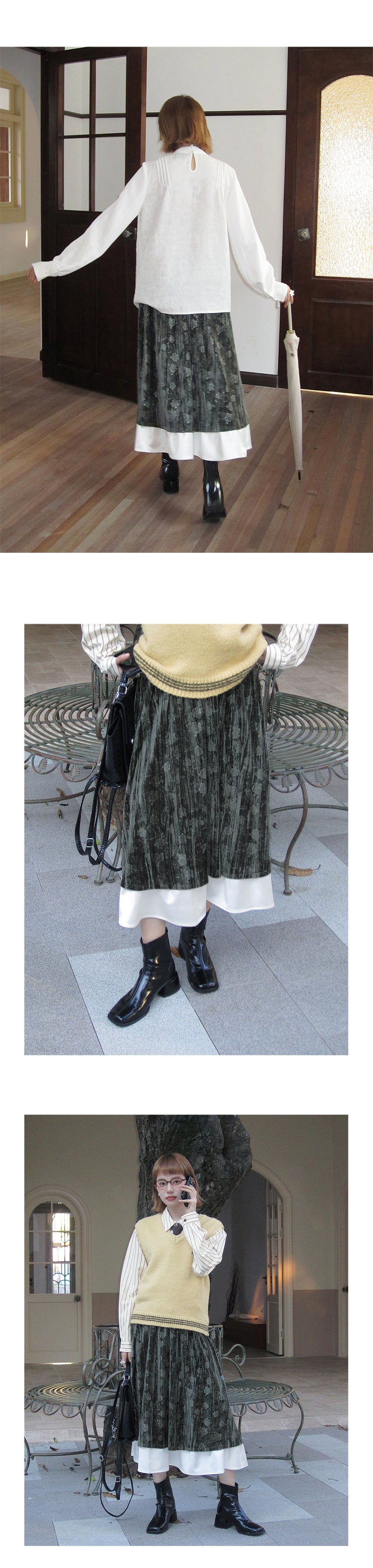 Velvet Floral Embossed Skirt With Elastic Waist