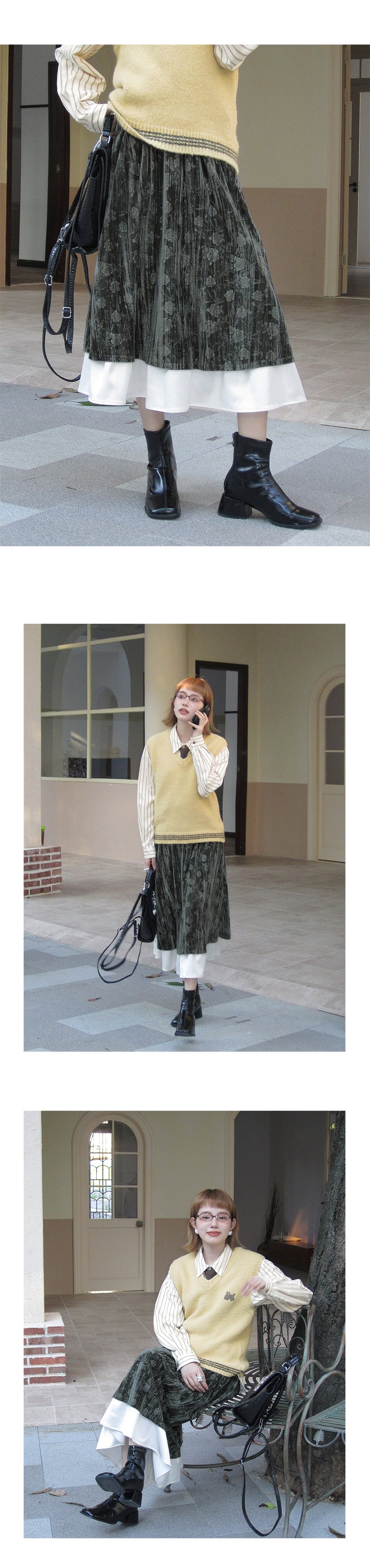 Velvet Floral Embossed Skirt With Elastic Waist