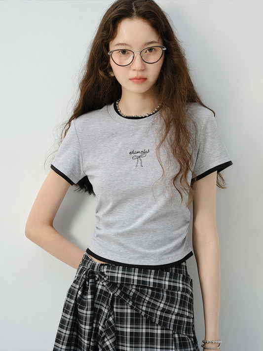 Two-Tone Bow Embroidered T-Shirt & Plaid Skirt