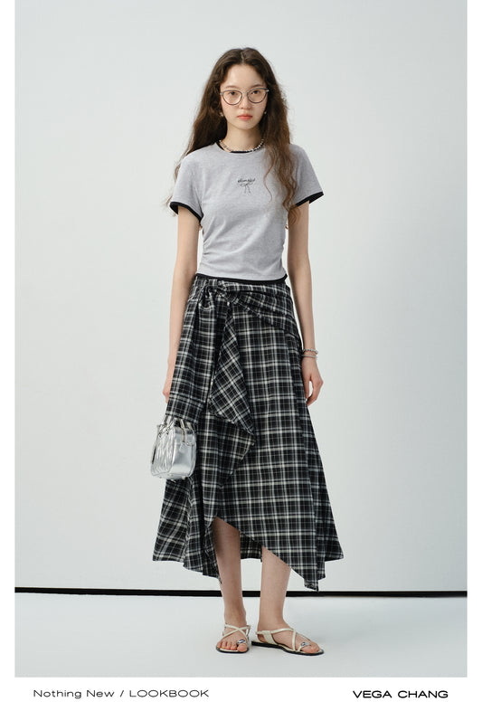 Two-Tone Bow Embroidered T-Shirt & Plaid Skirt
