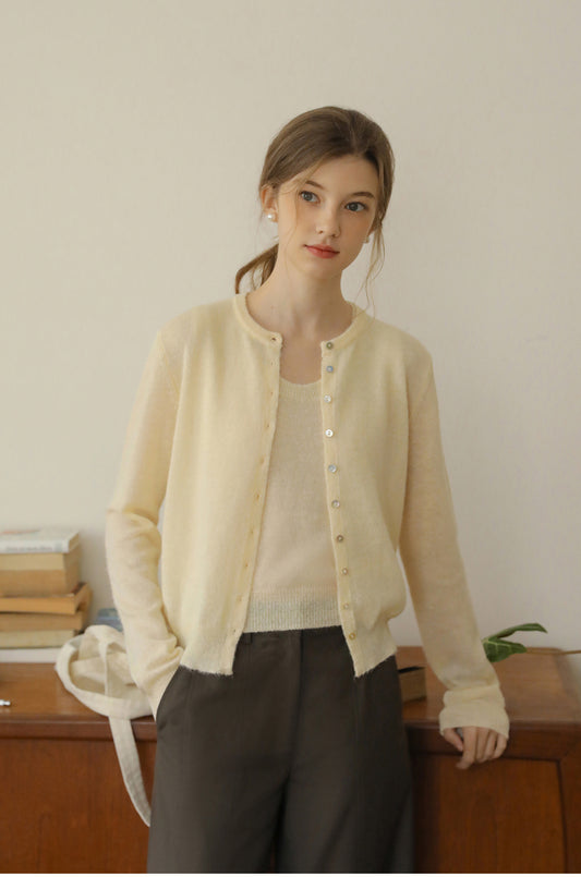 Knit Cardigan With Shell Buttons & Sleeveless Top