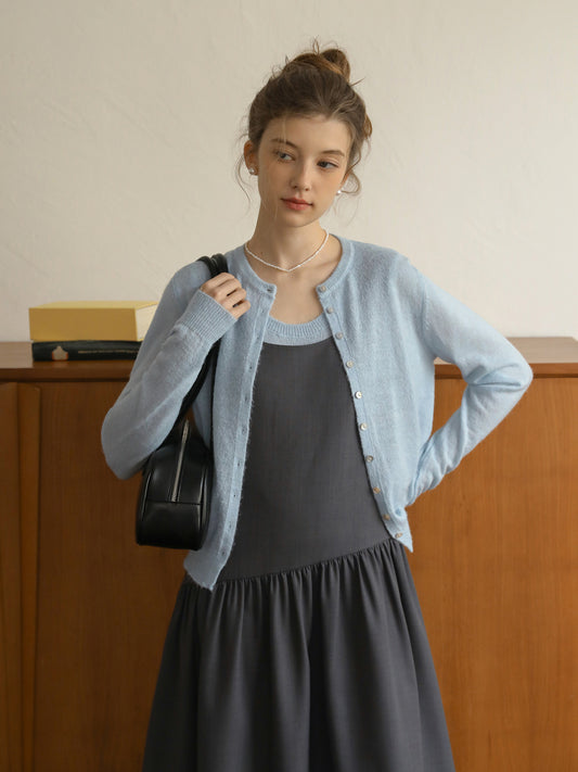 Knit Cardigan With Shell Buttons & Sleeveless Top