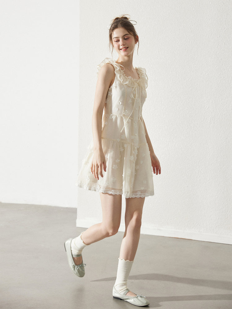 Textured Chiffon Dress With Floral Embellishments