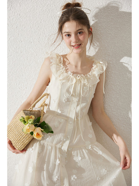 Textured Chiffon Dress With Floral Embellishments